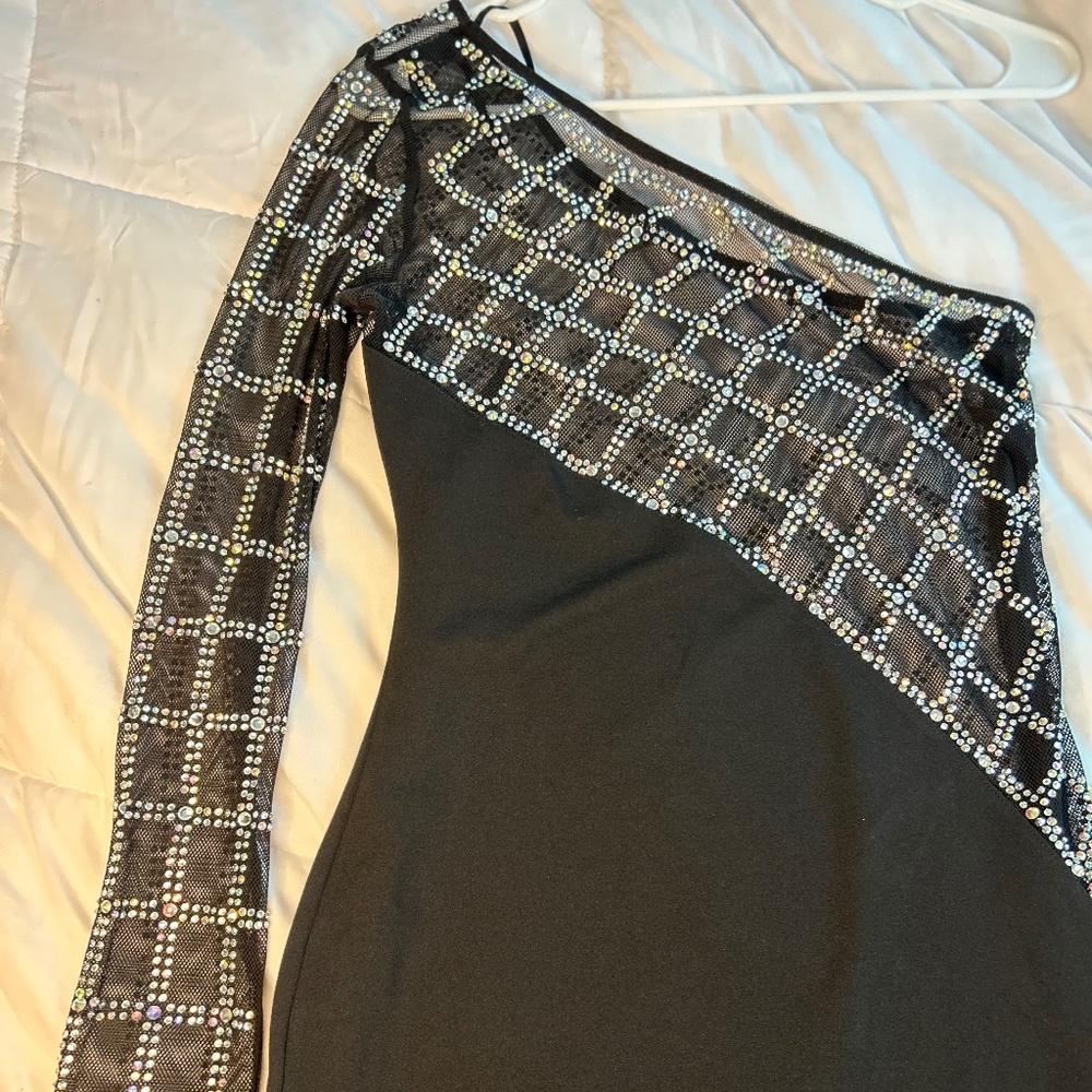 Rhinestone One-Shoulder Sheer Mini Dress